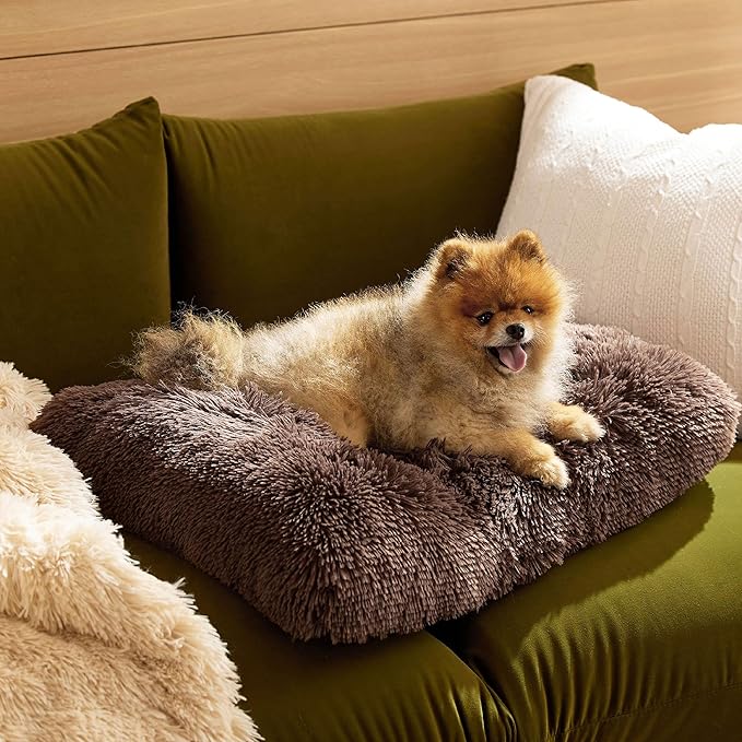 Bedsure Washable Small Dog Bed for Crate, Plush Calming Dog Crate Mat, Fluffy Pet Bed for Small Dogs, Plush Soft Comfort Sleeping Mat for Puppy, Anti-Slip Pet Kennel Pad, 24" x 18", Dark Brown