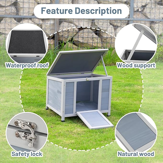 COZIWOW 24in Wooden Cat House Outdoor & Indoor Pet Shelter with Foldable Ramp - Weatherproof Rabbit Hutch with Unique Machine-Printed Art Designs for Cat, Rabbit, Guinea Pig (Grey)