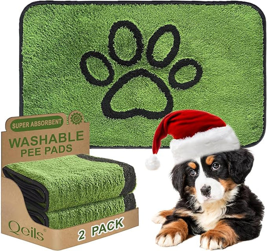 Qeils Reusable Dog Pee Pads, 2 Pack Super Absorbent & Leakproof Washable Puppy Pads with Soft Green Top Layer, for Potty Training, Crates, Couch, Car Seats & Pet Beds, 18"x 30"