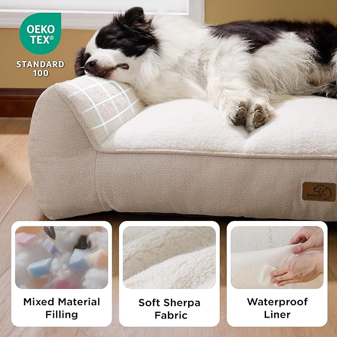 Bedsure XL Plus Orthopedic Dog Beds Large Sized Dog - Extra Thick Supportive Dogs Couch with Waterproof Washable Cover, Jumbo Comfort Pet Bed Sofa with Soft Plush Sherpa and Nonskid Bottom, Beige, 48"