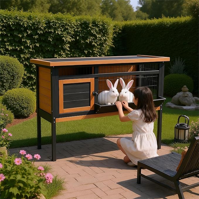 Rabbit Hutch Outdoor,Rabbit Hideout,Bunny Hideout,Bunny House for Guinea Pigs & Hamster,Wooden Chicken House with Deep Pull-Out Tray, Waterproof Chicken Coop for Outside (Orange Black)