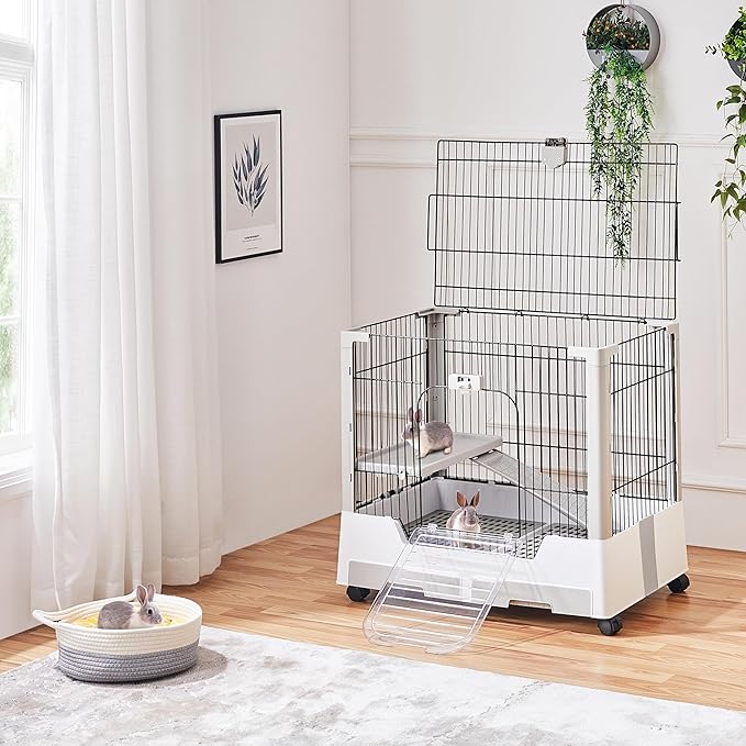 Yaheetech 30'' Small Animal Cage 2-Level Open Top Rabbit Cage on Wheels with Pull-Out Tray for Guinea Pig, Ferret, Chinchilla, Kitten, Bunny Small Animal Hutch, 30'' W × 20'' D × 27'' H