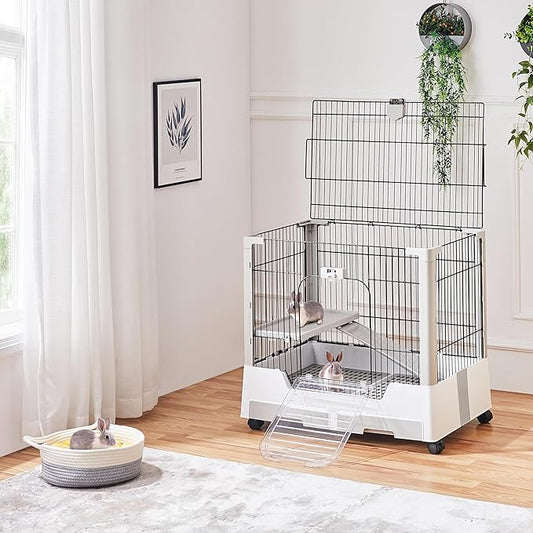 Yaheetech 30'' Small Animal Cage 2-Level Open Top Rabbit Cage on Wheels with Pull-Out Tray for Guinea Pig, Ferret, Chinchilla, Kitten, Bunny Small Animal Hutch, 30'' W × 20'' D × 27'' H
