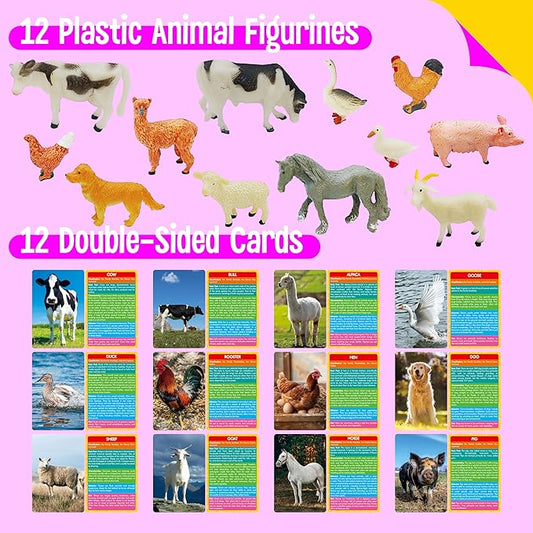SpriteGru 12 PCS Farm Animal Figurines with 12 Introducing Flashcards, Realistic Farm Animals Playset Montessori Toys Science Educational Matching Game for Homeschool Preschool Toddler Kids