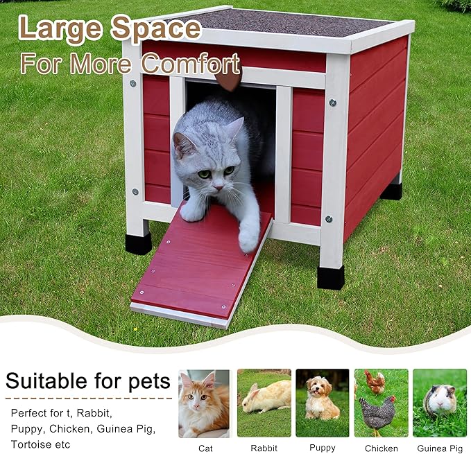 Waterproof Cat House for Outdoor Cats, Wooden Small Pet House Outside, Weatherproof Feral Cat Shelter with Elevated Floor and Lockable Door - Red