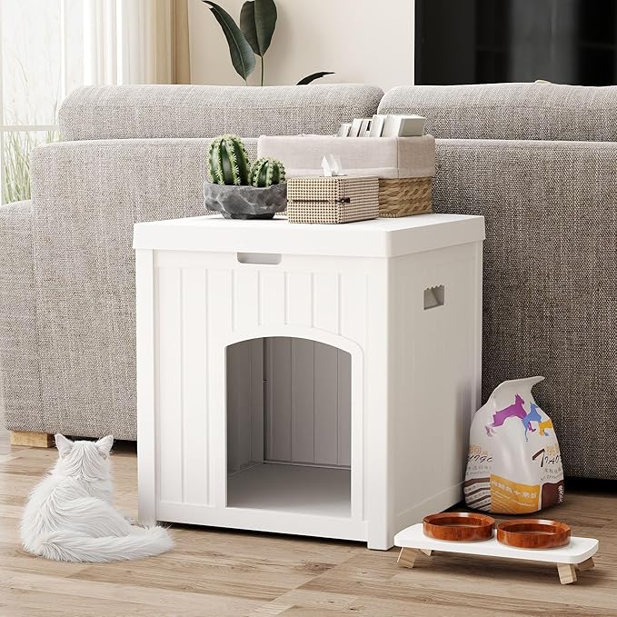Outdoor Cat House for Winter Waterproof, Outside Multiple Feral Kitty Cat Houses, Outdoor Cat Litter Box Enclosure Weatherproof, Small Medium Dogs House, Durable Resin Plastic, White