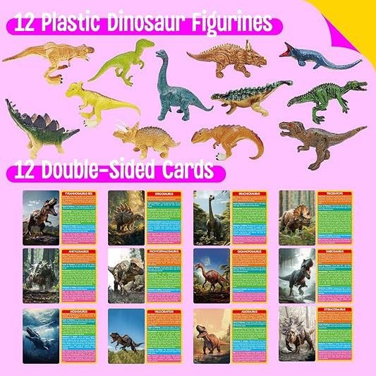 SpriteGru 12 PCS Dinosaur Figurines with 12 Introducing Flashcards, Portable Dinosaur Figurines Montessori Toys Science Educational Matching Game for Homeschool Preschool Toddler Kids