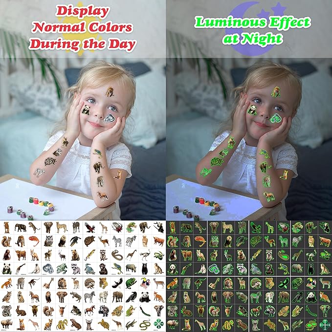 96 PCS Realistic Wildlife Jungle Animal Glow In The Dark Luminous Pre-Cut Temporary Tattoos Sticker Reptile Birthday Party Decorations Supplies Favors Gifts Boys Girls Zoo Cute Fake Tattoo Themed