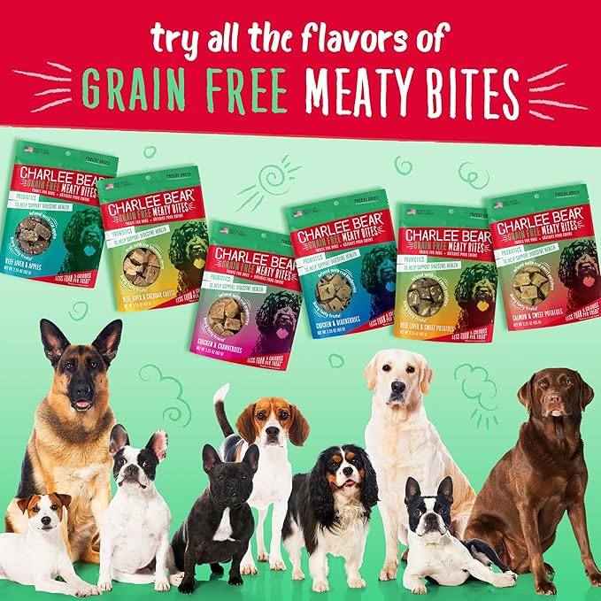 Charlee Bear Grain Free Meaty Bites Freeze Dried Dog Treats with Probiotics, Puppy Training Snacks, Soft Dog Bites Chicken with Blueberries, 2.25 oz Bags (2), Made USAA
