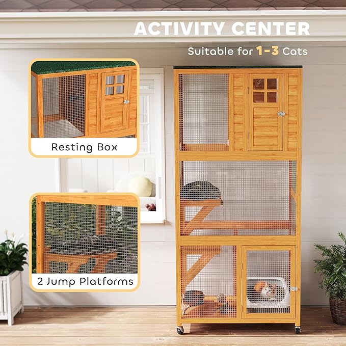 PawHut 74" Wooden Catio Outdoor Cat Enclosure Weatherproof & Wheeled, Outside Cat House with High Weight Capacity, Kitten Cage Condo, Orange