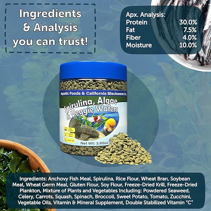 Aquatic Foods Inc. 3.5mm - 1/8" Micro Sinking Wafers of Spirulina, Algae & Veggies for Bottom Fish, Plecos, Shrimp, Snails, All Tropical Fish, 4-Type Wafer & 12-Type Pellet Mix Included 10oz