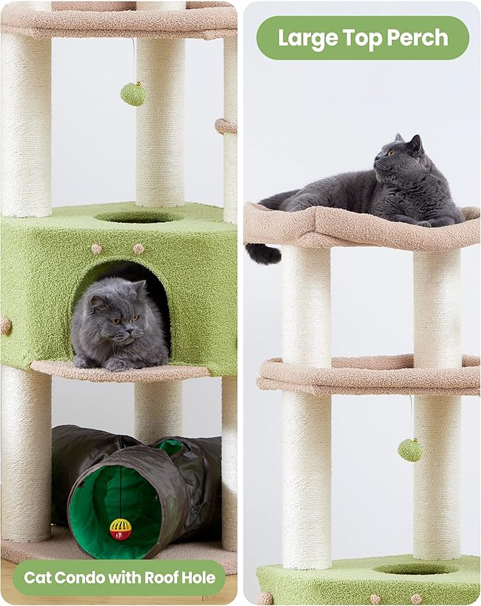 Cat Tree Tower for Indoor Cats Large Adult - Tall Kitty Condo House with Hammock Scratching Post Tunnel - 60 Inch Big Kitten Bed Condos Trees - Heavy Duty Kittens Houses Stand for Multiple Maine Coon