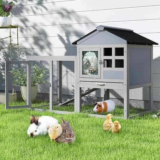 48" L Rabbit Cage Bunny Hutch Outdoor Indoor, Expandable 2-Story Large Wooden Small Animal Cage with Run, Removale Tray, Top-Opening Waterproof Roof, 2 Doors, DIY Drawing Board, Grey