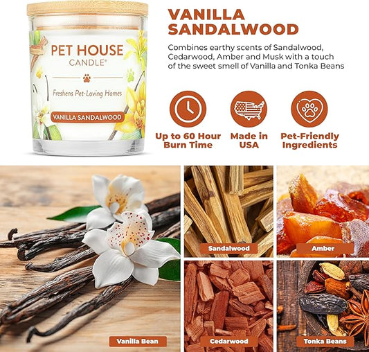 One Fur All Pet House Candle 2 Pack - Plant-Based/Soy - Clean Burning Scented, Long Lasting Pet Odor Candle for Home - Vanilla Sandalwood