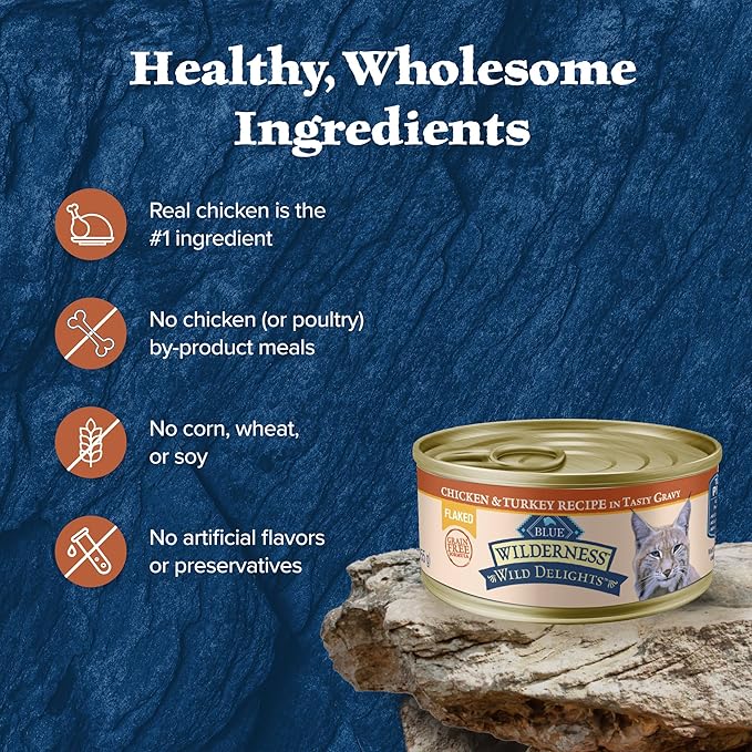 Blue Buffalo Wilderness Wild Delights Natural Wet Food for Cats, Flaked Chicken & Turkey in Tasty Gravy, 5.5-oz Cans, 24-pack