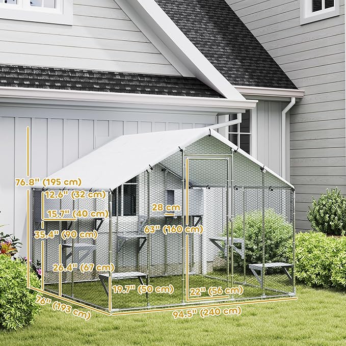 PawHut Catio Outdoor Cat Enclosure, 94.5" Extra Large Walk-in Cat House with Waterproof Cover, 2 Resting Boxes, 7 Jumping Platforms, Chicken Run Coop, Rabbit Hutch, Feral Cat Shelter for Multiple Cats