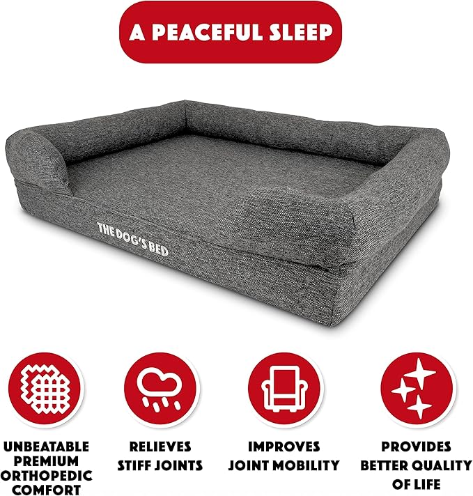 The Dog’s Bed, Large Grey Linen 36x27, Memory Foam, Pain Relief: Arthritis, Hip & Elbow Dysplasia, Post Surgery, Lameness, Supportive, Calming, Waterproof Washable Cover, Veterinary Approved