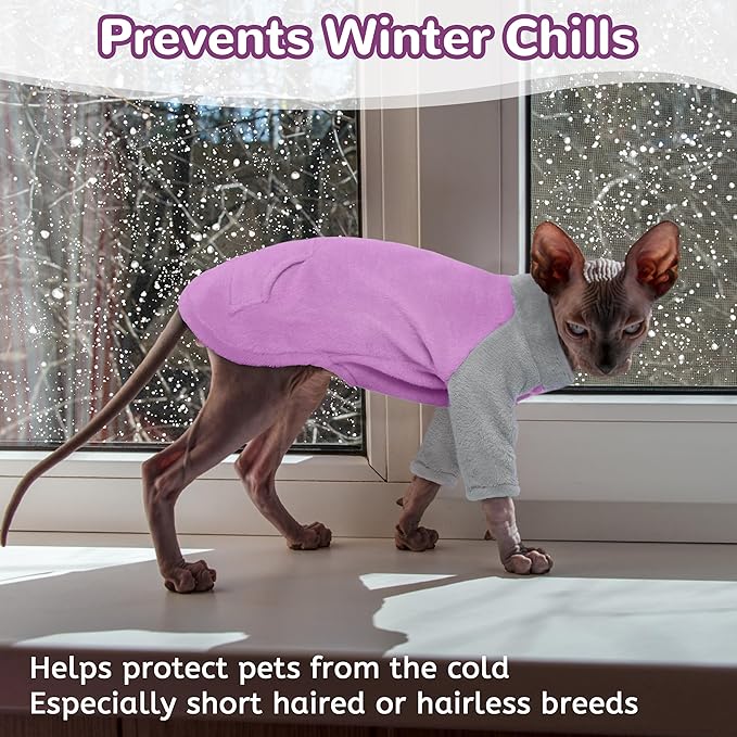 PUMYPOREITY Turtleneck Sweater for Sphynx Cat, Soft Coral Fleece Cat Clothes, Thick Winter Warm Outfit Coat with Sleeves, XS, Purple