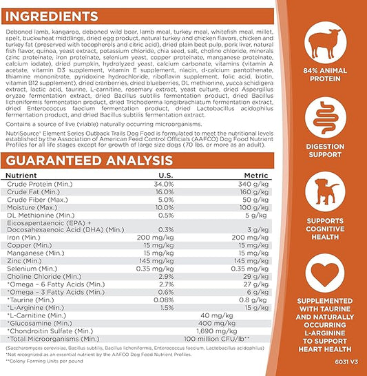 NutriSource Element Series Outback Trails Dry Dog Food, Lamb, Kangaroo and Wild Board, 24LB