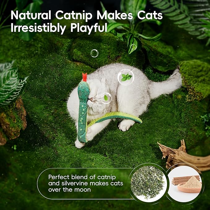 Potaroma Cat Toys Realistic Snake Catnip Crinkly Sound Toy 2 Pcs, Mesh Fabric for Teeth Cleaning, Interactive Kicker Toys for Indoor Kitten Exercise 20 Inches, Green and Yellow