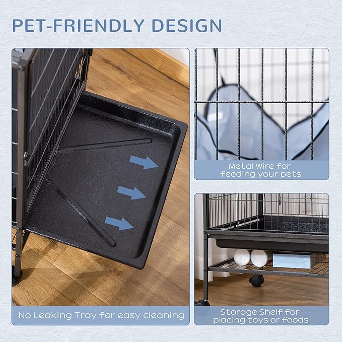 PawHut Small Animal Cage with Wheels, Pet Playpen for Rat, Syrian Hamster, Kitten, Ferrets, Chinchillas with Bottom Storage Shelf, Removable Tray, Ramp, 31.5" x 20.5" x 33.1"