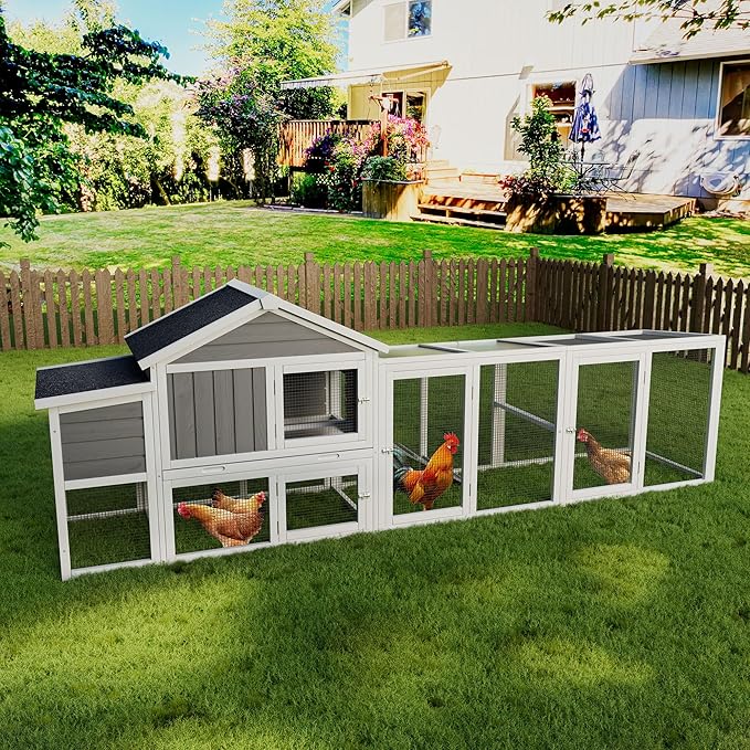 113.5" Gray Large Wooden Chicken Coop with Run – Outdoor Hen House for 2-4 Chickens, Waterproof & UV-Resistant Roof, Nesting Box with Hinged Lid, Sliding Door, Removable Tray, Secure & Easy-Clean
