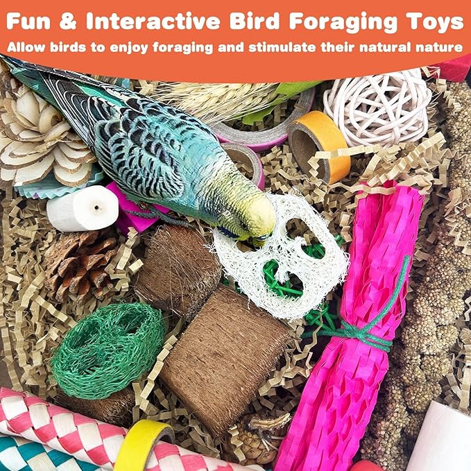 PINVNBY Natural Bird Toys Bird Foraging Box Interactive Parrot Shredding and Chewing Toy for Conure Parakeet Budgie Cockatiel Lovebird Small-Medium Birds (Large)