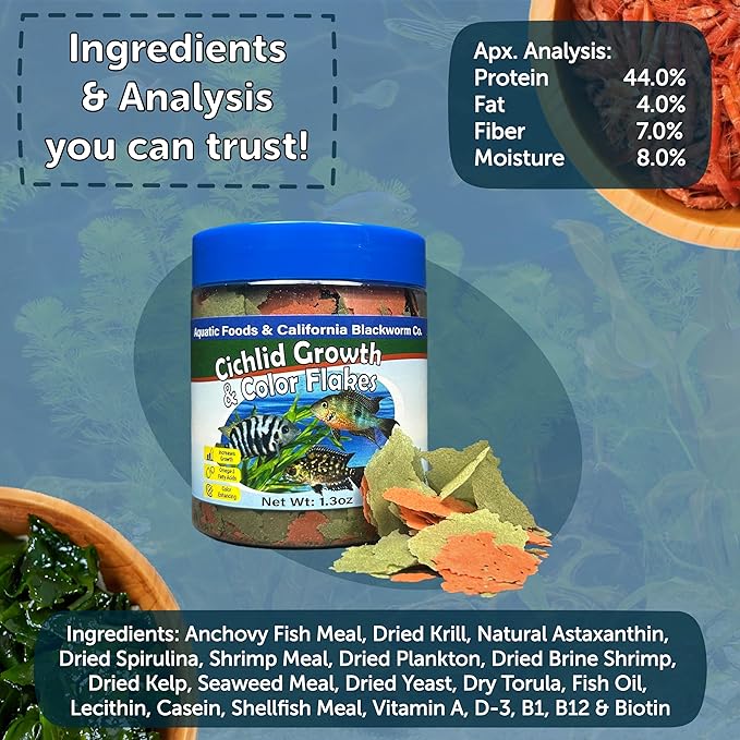 Aquatic Foods Inc. Cichlid Green Growth & Red Color Enhancing Flakes for Cichlids, Central & South American Cichlids, 4-Type Wafer Mix & 12-Type Pellet Mix Included 1.30oz Canister