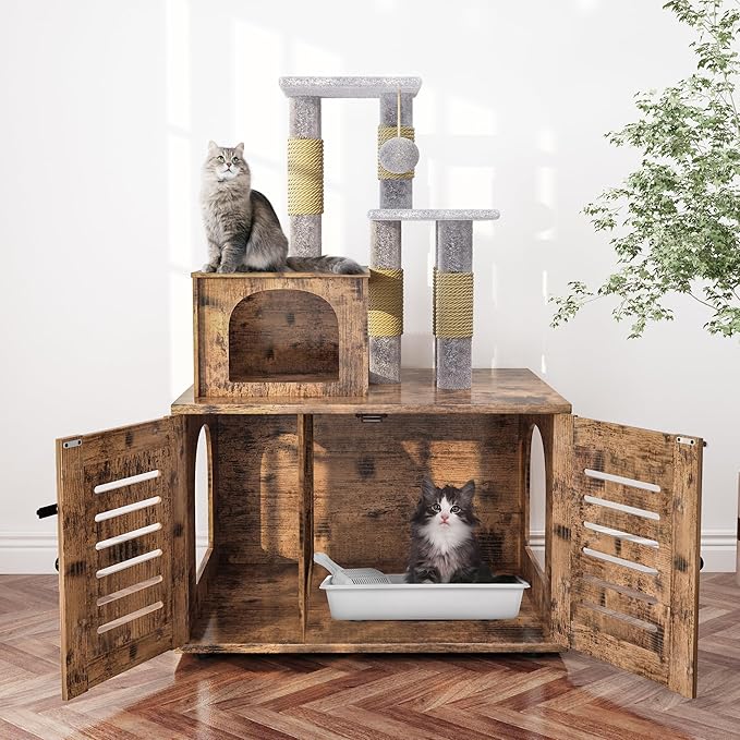 DKLGG Cat Tree with Litter Box Enclosure, Modern Cat Condo, Indoor Cat Tower with Litter Box Enclosure Wood House w/Sisal Scratching Post, Plush Perch Platform & Divided Condo (Rustic Brown)