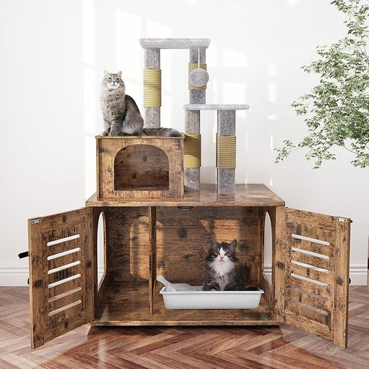 DKLGG Cat Tree with Litter Box Enclosure, Modern Cat Condo, Indoor Cat Tower with Litter Box Enclosure Wood House w/Sisal Scratching Post, Plush Perch Platform & Divided Condo (Rustic Brown)
