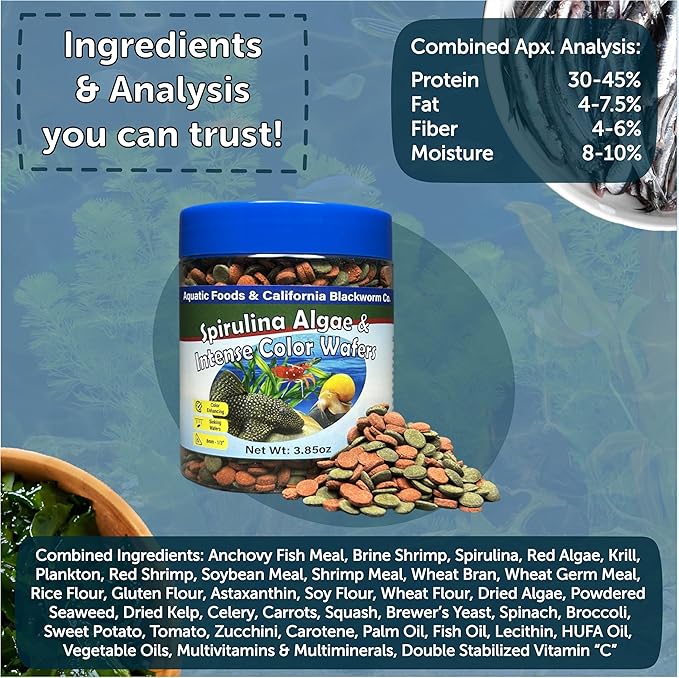 Aquatic Foods Inc. 8mm - 1/3" Small Sinking Wafers of Spirulina, Algae & Color Enhancing Wafers for Bottom Fish, Shrimp, Snails & Tropicals 4-Type Wafer & 12-Type Pellet Mix Included..6oz Canister