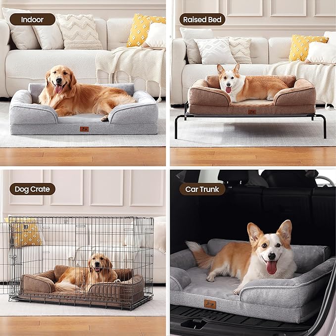 XL Orthopedic Dog Beds for Large Dogs, Waterproof Egg-Crate Foam Pet Couch Bed with Soft Sides, Non-Slip Dog Sofa with Flannel Removable Washable Cover, 42" L Supportive Pet Sofa, Light Grey