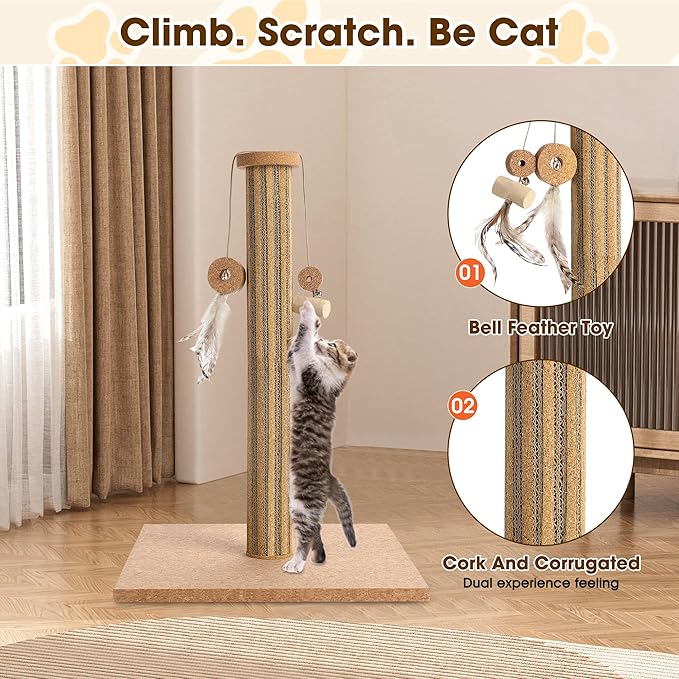 Natural Cork Cat Scratching Post with Feather Toy, 14.2 inch Stable Base, Eco-Friendly Scratch-Safe & Noise-Reducing for Claw Health, Fits Home Decor