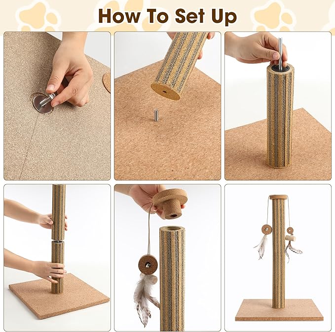 Natural Cork Cat Scratching Post with Feather Toy, 14.2 inch Stable Base, Eco-Friendly Scratch-Safe & Noise-Reducing for Claw Health, Fits Home Decor