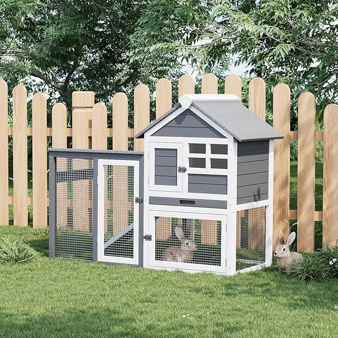 Rabbit Hutch Outdoor, Wooden Chicken Coop, Bunny Cage with Pull Out Tray, Waterproof Run, Poultry Cage for Rabbits, Chickens, Duck, Guinea Pigs