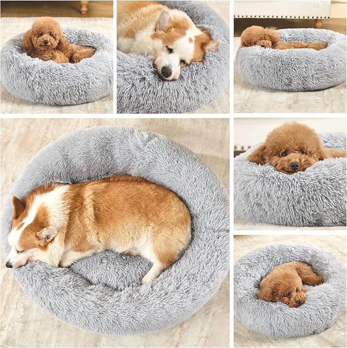 Dog Bed Calming Beds for Small Medium Dogs - Round Donut Washable Dog Bed, Anti-Slip Faux Fur Fluffy Donut Cuddler Anxiety Cat Bed(Light Grey 24")