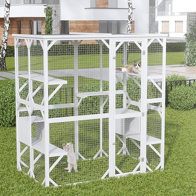 ROOMTEC Outdoor Catio with Roof 71.3" Height Large Wooden Cat Enclosure with 3 Jumping Platforms and 2 Napping Houses Cat Cage for Cat Activity (White)