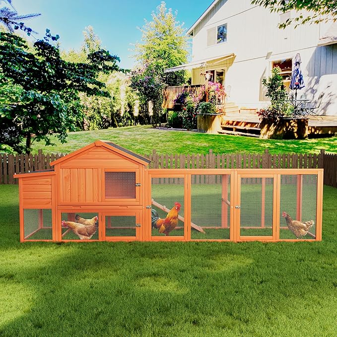 113.5" Large Wooden Chicken Coop with Run – Outdoor Hen House for 2-4 Chickens, Waterproof Roof, Nesting Box, Ramp & Perch, Predator-Proof, Removable Tray, Secure & Durable Natural