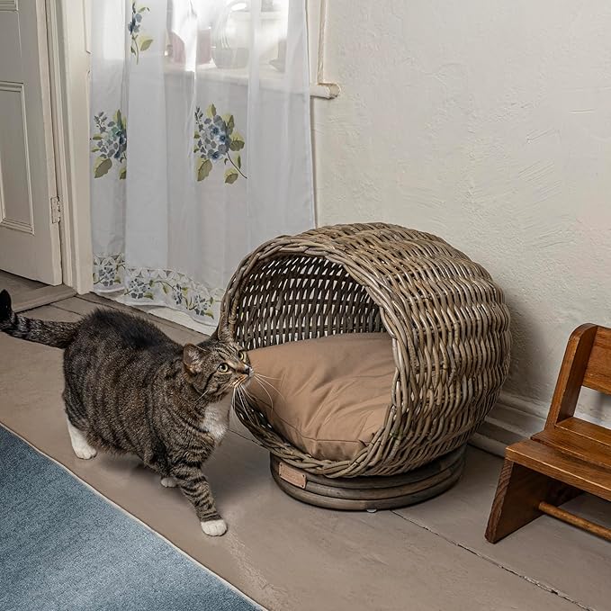 CBD1001A Socket Dome 19.5" x 17" Bohemian Handwoven Rattan Cat Bed with Machine-Washable Cushion, Kubu Gray