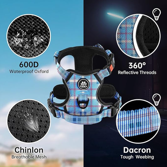 NESTROAD No Pull Dog Harness with Leash, Reflective No Choke Pet Vest Harness,Adjustable Soft Padded Dog Harness with Easy Control Handle for Large Dogs(Checkered Blue,Large)