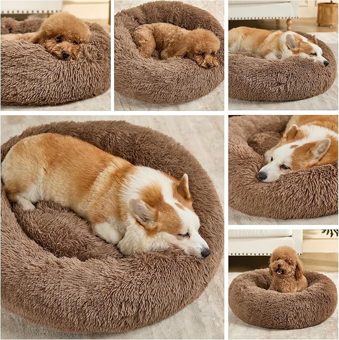 Dog Calming Beds for Small Medium Large Dogs - Round Donut Washable Dog Bed, Anti-Slip Faux Fur Fluffy Donut Cuddler Anxiety Cat Bed(24" Khaki