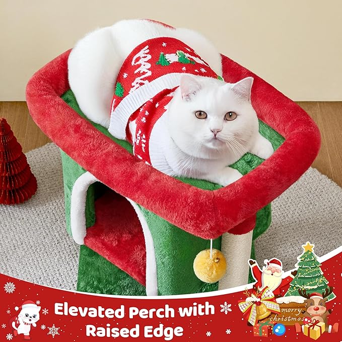 Yaheetech Christmas Themed Cat Tree 23.5in, Cat Tower with Wide Perch, Spacious Condo, Scratching Posts for Large Kitty, Indoor Activity Center Pet Furniture Decoration, Red/Green