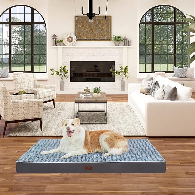 Dog Bed Mats for Large Big Dog - Orthopedic Dog Pet Durable Crate Bed Mattress of Thick Egg Foam Crate, Rose Plush Washable Cover, Waterproof Lining and Non-Slip Bottom(L(36''x27''x3''), Grey Side)
