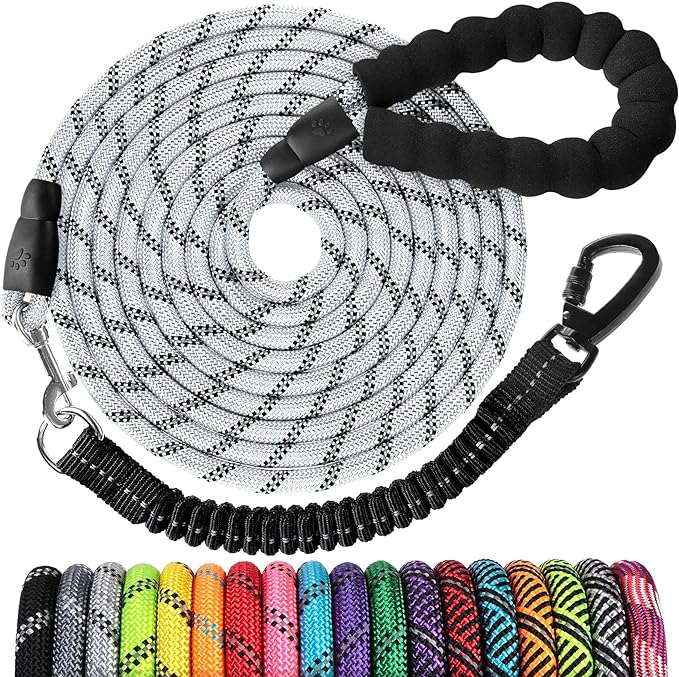 Long Dog Leash 15 FT: Heavy Duty Rope Leashes for Dogs Training with Swivel Lockable Hook Reflective Threads Bungee and Padded Handle - Dog Lead for Large Small Medium Dogs Outside Walking Hiking Grey