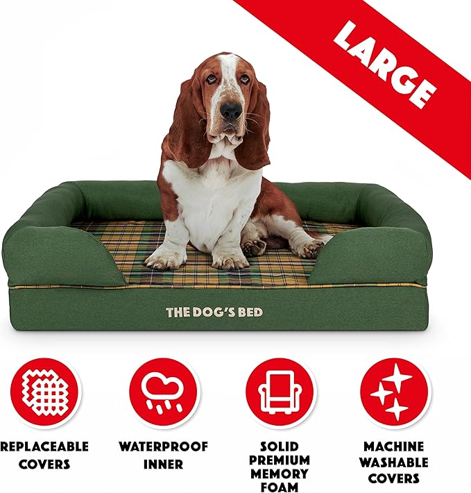 The Dog’s Bed, Large Green Tartan 36x27, Memory Foam, Pain Relief: Arthritis, Hip & Elbow Dysplasia, Post Surgery, Lameness, Supportive, Calming, Waterproof Washable Cover, Veterinary Approved