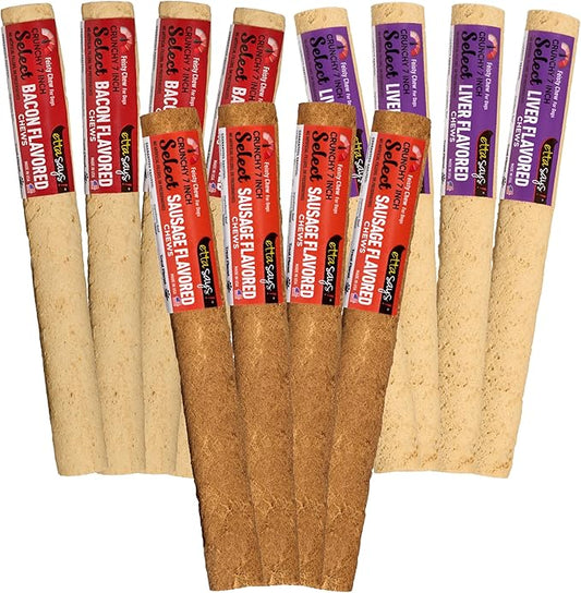 etta says! 7" Select Crunchy Dog Chews - Rawhide-Free Dog Treats - Made in The USA - Odor-Free, All-Natural Ingredients - for Moderate Chewers - Variety - 12 Pack