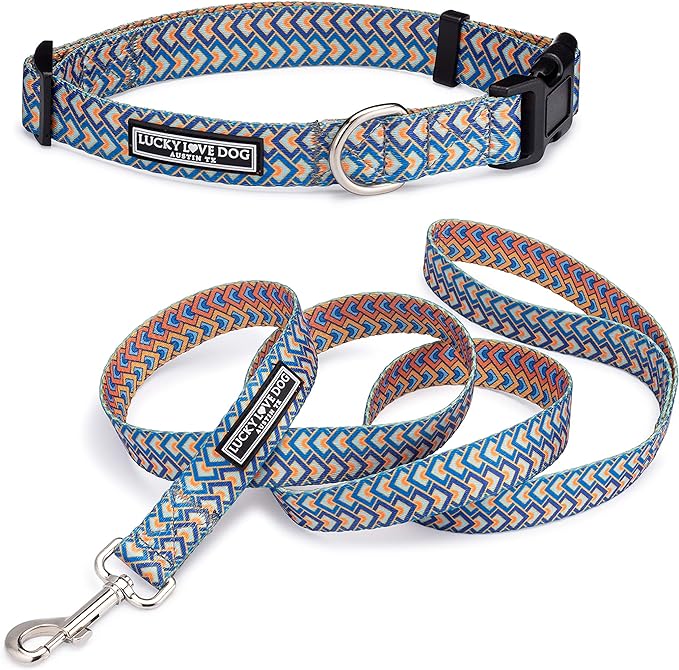 Lucky Love Dog, Bold Matching Dog Collar and Leash Set, Soft & Adjustable, Geometric Pattern Collar and Leash for Male Female Dogs - (Large, Murphy Combo)