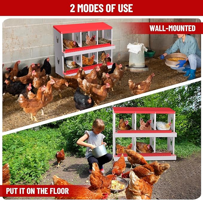 6 Compartments Chicken Nesting Box,Metal Chicken Egg Laying Box, Nesting Boxes,Easy Egg Collection, Easy Cleaning（Red）