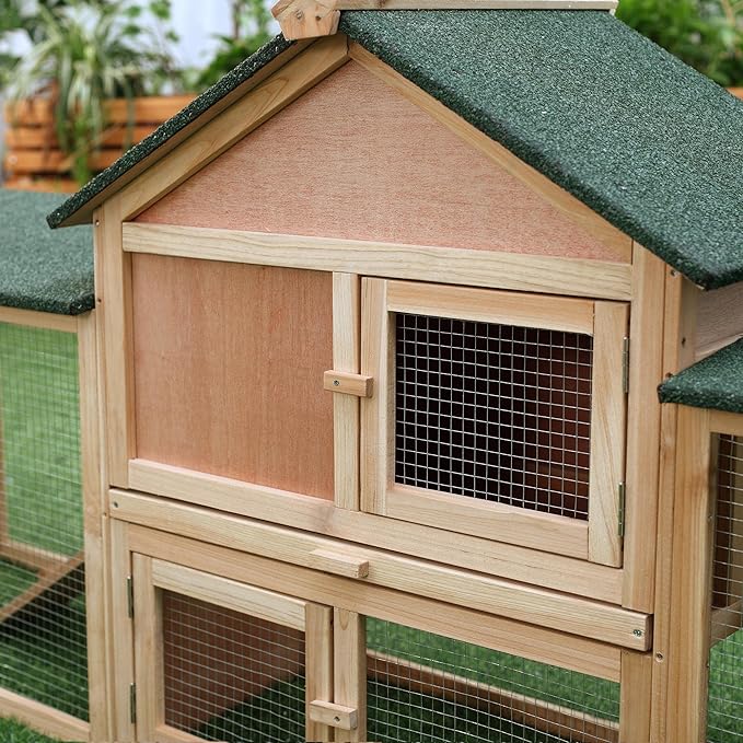 PawHut 83" L Outdoor Rabbit Hutch with Double Runs, Large Guinea Pig Cage Indoor, Wooden Bunny Hutch with Weatherproof Roof, Removable Tray, Ramps, for Rabbits, Chickens, Ducks, Natural