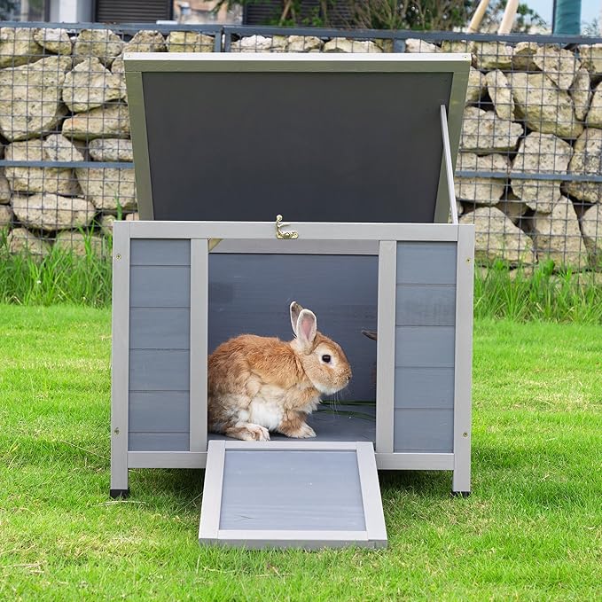 COZIWOW 24in Wooden Cat House Outdoor & Indoor Pet Shelter with Foldable Ramp - Weatherproof Rabbit Hutch with Unique Machine-Printed Art Designs for Cat, Rabbit, Guinea Pig (Grey)